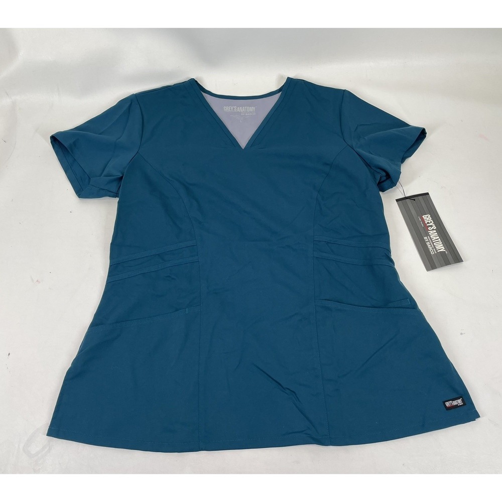 Greys Anatomy Barco Scrub 3PKT Stylized Princess V Neck Top Womens L Bahama NWT